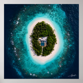 Luxusvilla auf ovaler Insel aus Satellitenperspekt Poster