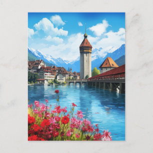 Luzern Schweiz Aquarell Kapellbrücke Postkarte