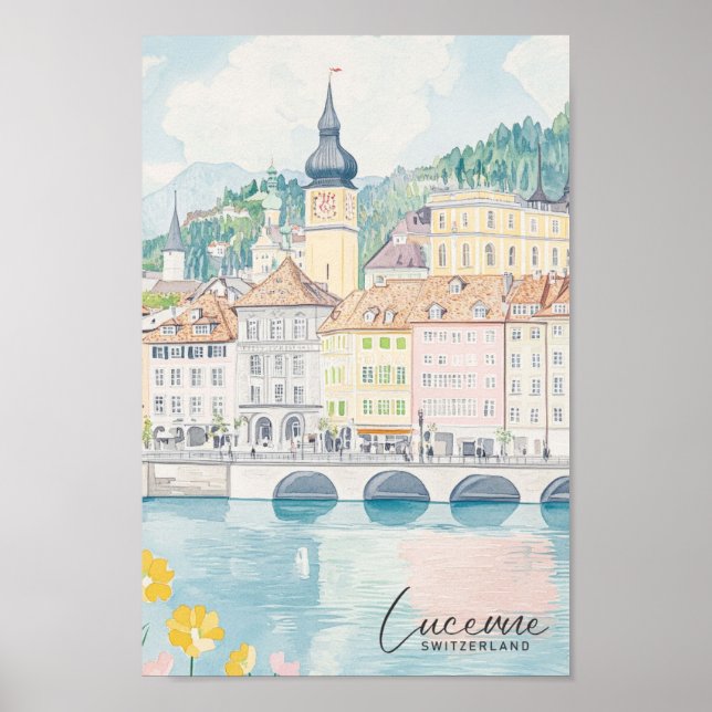 Luzern Schweiz Gouache Illustration Travel Poster (Vorne)