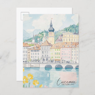 Luzern Schweiz Gouache Illustration Travel Postkarte