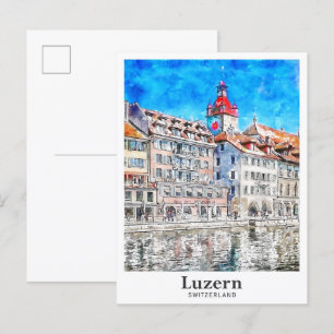 Luzern Schweiz Reise Wasserfarbe Handgezeichnet Postkarte