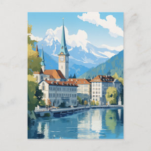 Luzern Schweiz Uhrturm See Aquarell Postkarte