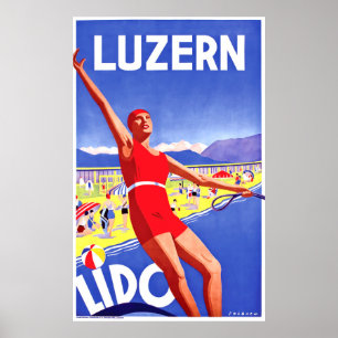 Luzern See, Lido, Wasserski Mann, Vintage Reise Poster