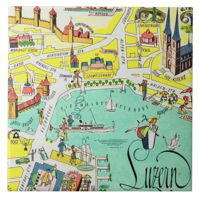 Luzerne Switzerland Colorful Map Fliese (Vorderseite)