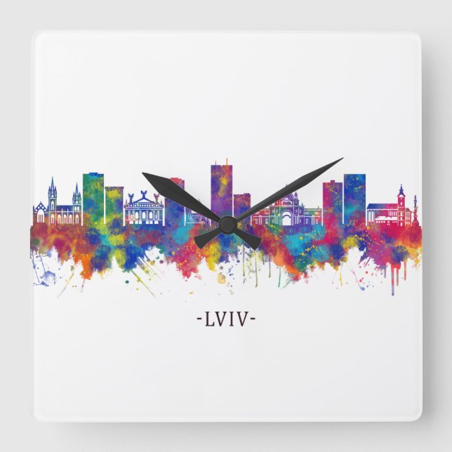 Lviv Ukraine Skyline Quadratische Wanduhr (Vorderseite)