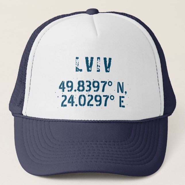 Lwiw Ukraine Latitude & Longitude beunruhigt Truckerkappe (Vorderseite)