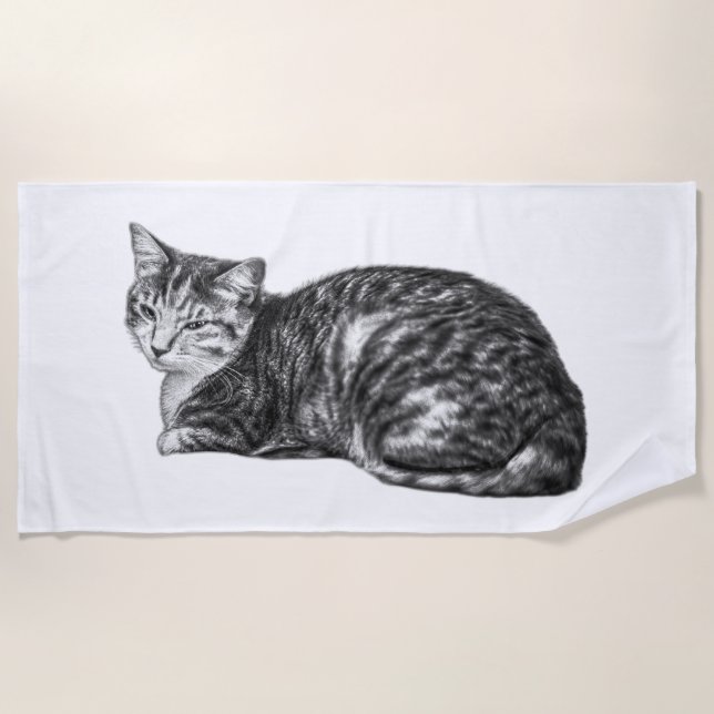Lying Tabby Cat Monochrome Strandtuch (Vorderseite)