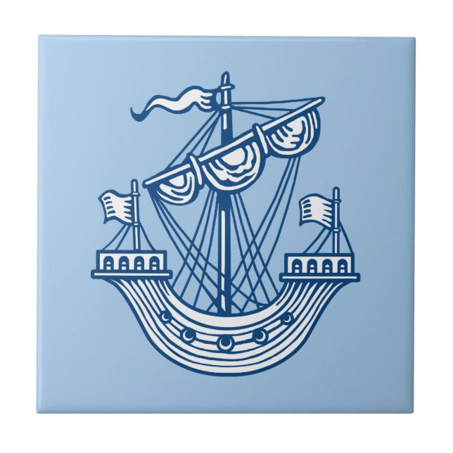 Lymphad (Heraldisches Schiff) - Indigostil Blau Fliese (Vorderseite)