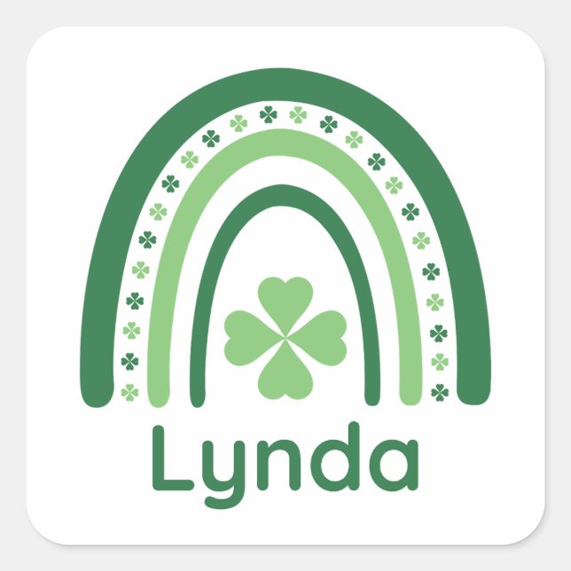Lynda Name Clover Boho Rainbow Quadratischer Aufkleber (Vorderseite)