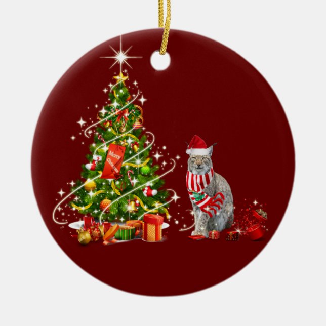 Lynx mit Hat erschreckt Weihnachten Keramik Ornament (Vorne)