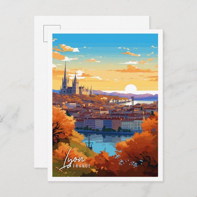 Lyon France Art Vintage Reise Illustration Postkarte (Vorne/Hinten)