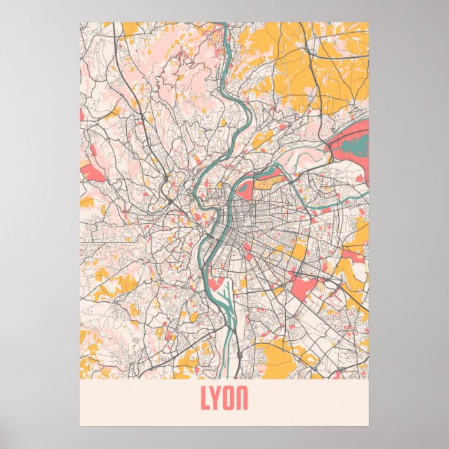Lyon - Frankreich Chalk City Map Poster (Vorne)