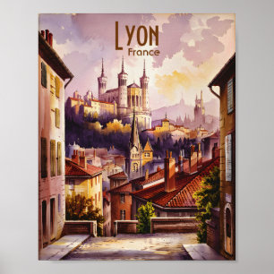 Lyon Frankreich Reise Vintage-Aquarell Stadtansich Poster