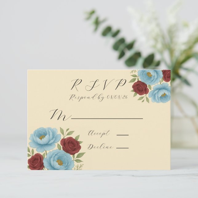 Lyons Blue Peony & Dark Red Peony Wedding RSVP Karte (Stehend Vorderseite)