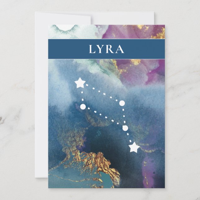 Lyra Table Sign Celestial Watercolor Thema Einladung (Vorderseite)