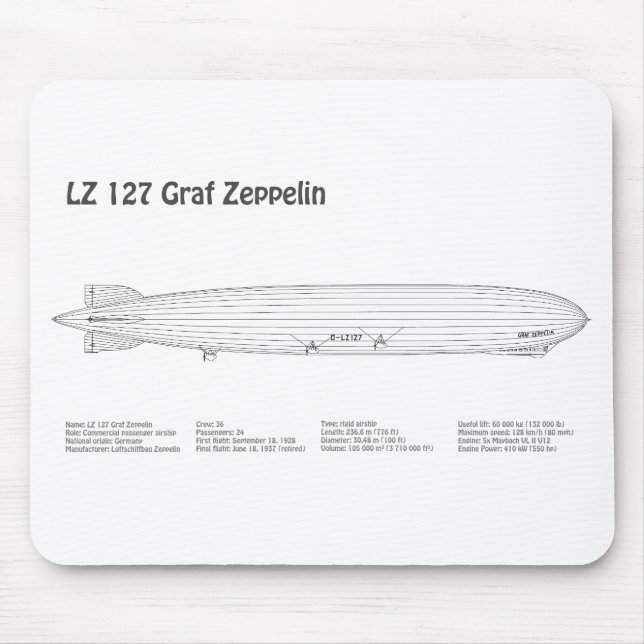 LZ 127 Graf Zeppelin - Airship Blueprint Plans BD Mousepad (Vorne)