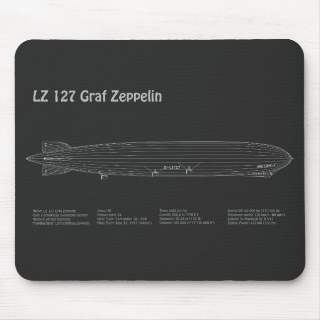 LZ 127 Graf Zeppelin - Airship Blueprint Plans PD Mousepad (Vorne)