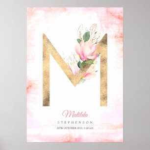 M Anfangsbuchstabe Monogramm Goldene Blätter Rosa  Poster