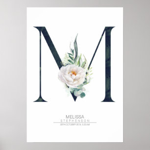 M Buchstabe Monogramm Weiße Blumen und Grün Poster