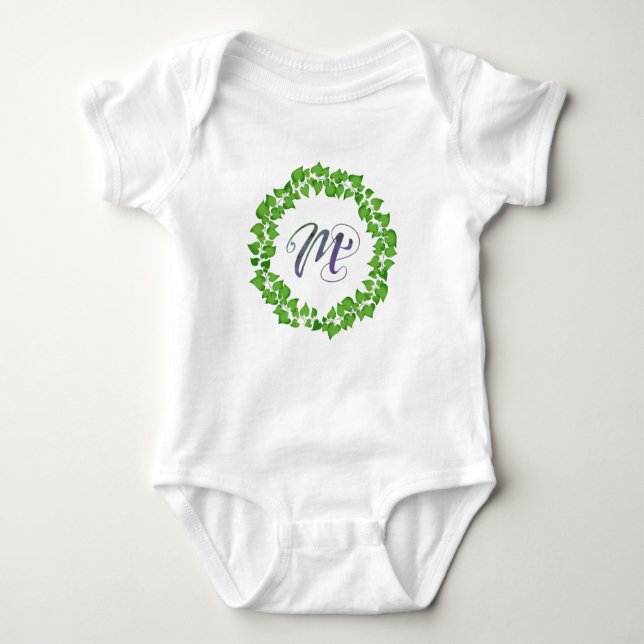 M Initial Boho Green Foliage Kreath Niedlich Hübsc Baby Strampler (Vorderseite)