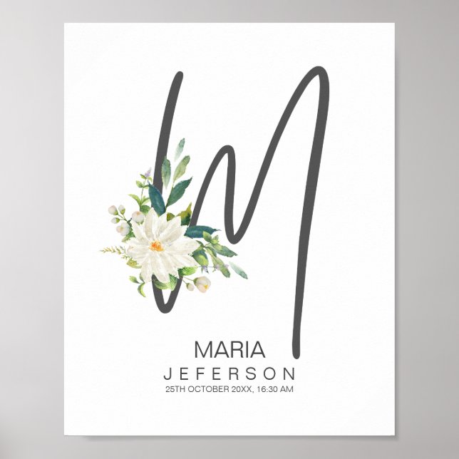 M Initialen Monogramm Rosafarbenes Florales Dekor Poster (Vorne)