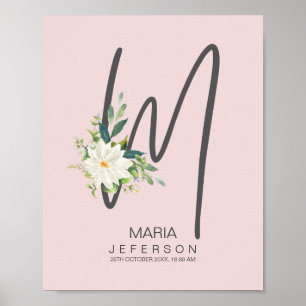 M Letter Monogram Blush Floral Decor Poster