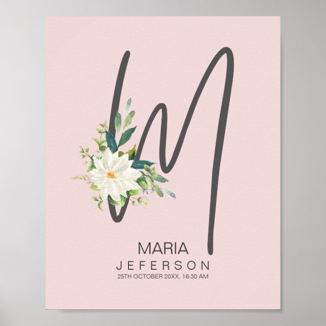 M Letter Monogram Blush Floral Decor Poster (Vorne)