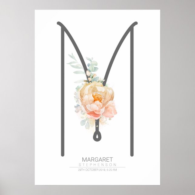 M Letter Monogram Blush Peach Floral Wohngestaltun Poster (Vorne)