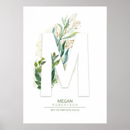 M Letter Monogram Gold Greenerage Foliage Chic Poster
