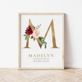 M Letter Monogram Name Marsala Floral Kinderzimmer Poster