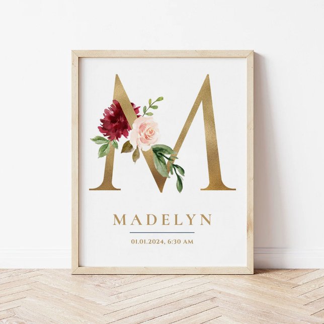 M Letter Monogram Name Marsala Floral Kinderzimmer Poster (Von Creator hochgeladen)