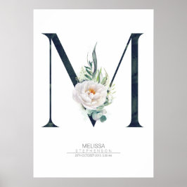 M Letter Monogram Weiße Blume und Grüne Poster