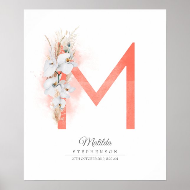 M Letter Monogram White Orchias and Pampas Grass Poster (Vorne)
