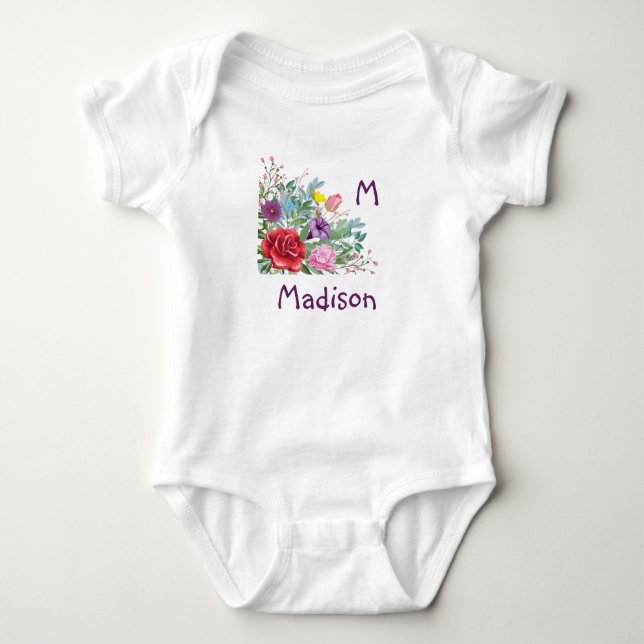 M Madison Personalisiere Initialname, Rose Blume Baby Strampler (Vorderseite)