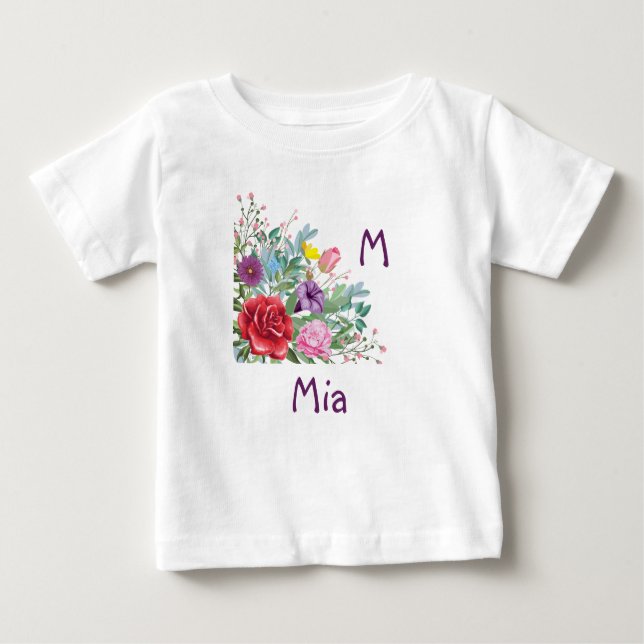 M Mia Personalisieren von Buchstabennamen, Rose-Bl Baby T-shirt (Vorderseite)