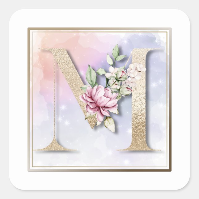 M Monogram Burgundy Floral Square Aufkleber (Vorderseite)