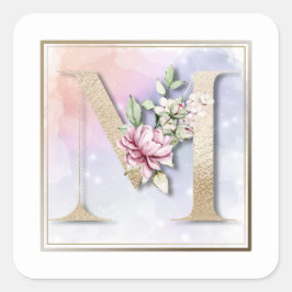 M Monogram Burgundy Floral Square Aufkleber