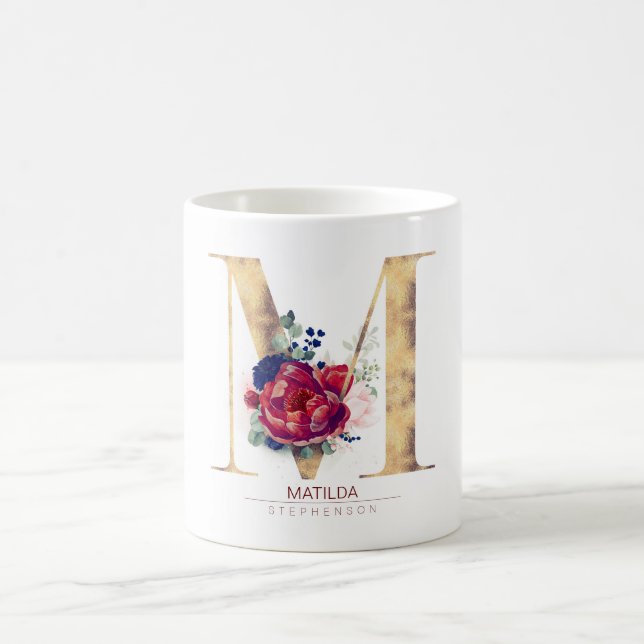 M Monogram Floral Burgund Red and Navy Blue Kaffeetasse (Mittel)