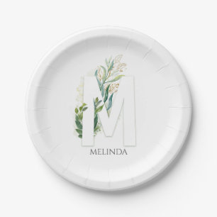 M Monogram Gold Greenerity Blätter Eleganter Name Pappteller