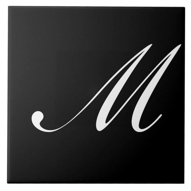 M Monogram Initial White auf Schwarz Fliese (Vorderseite)