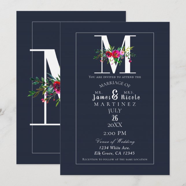 M Monogram Letzter Initial Moderner Blauer Blumenh Einladung (Vorne/Hinten)