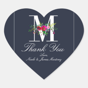 M Monogram Letzter Initial Moderner Blauer Blumenh Herz-Aufkleber