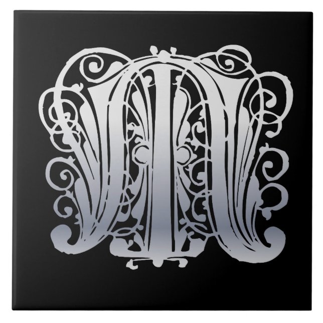 M Monogram Silver Lace on Black Keramik Tile Fliese (Vorderseite)