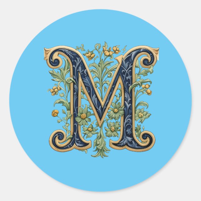 M monogramm-blaugoldene Blume Runder Aufkleber (Vorderseite)