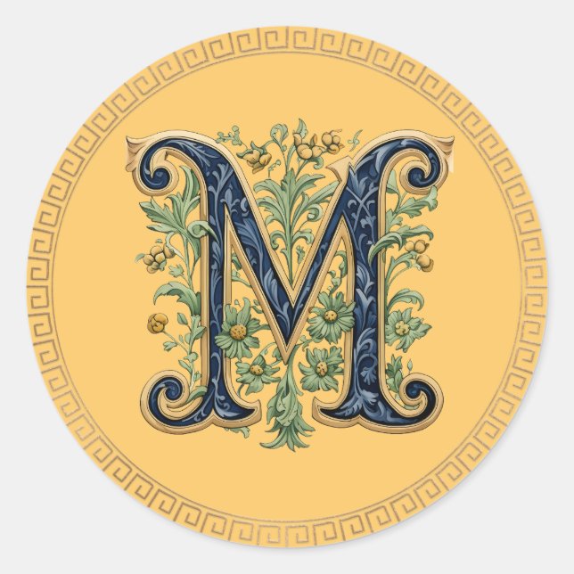 M monogramm-blaugoldene Blume Runder Aufkleber (Vorderseite)