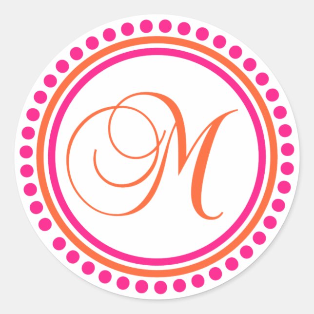 M Monogramm (rosa/orangefarbener Punktkreis) Runder Aufkleber (Vorderseite)