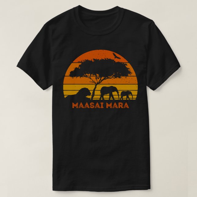 Maasai Mara Safari Elephant Lion Sunset Kenya Safa T-Shirt (Design vorne)