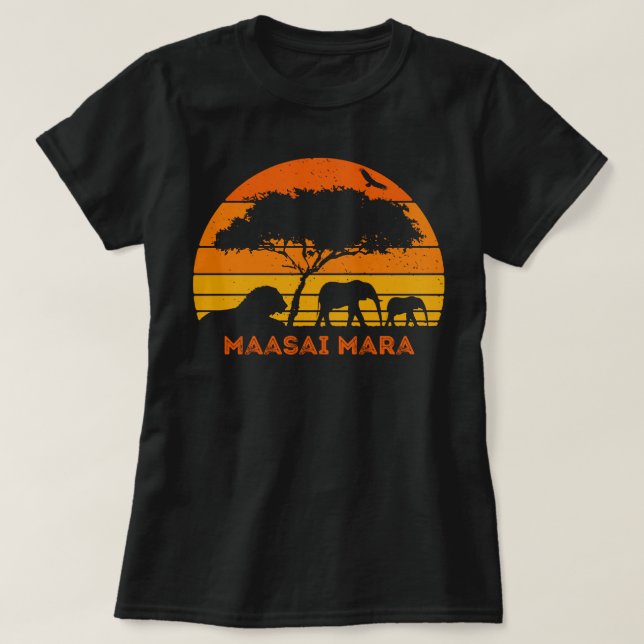 Maasai Mara Safari Elephant Lion Sunset Kenya Safa T-Shirt (Design vorne)