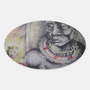 Maasai-Mutter & Kind mit Löwe Kunstprint/Grafik Ovaler Aufkleber