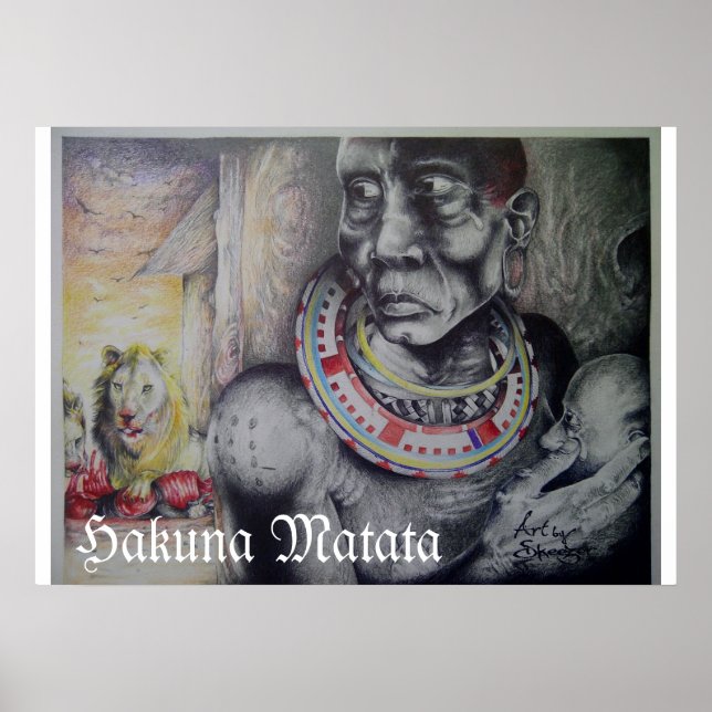 Maasai-Mutter & Kind mit Löwe Kunstprint/Grafik Poster (Vorne)